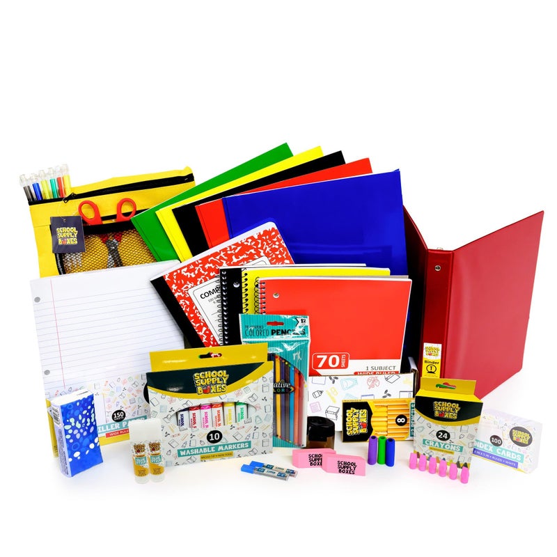 School Supply Boxes Elementary School Essentials Bundle | 1 Box - 91 Pieces per Box | School Supply Boxes - Back to School Essentials | Includes Binders, Folers, Notebooks, Filler Paper, Pencils, Notecards, Pens, & More - Image 1